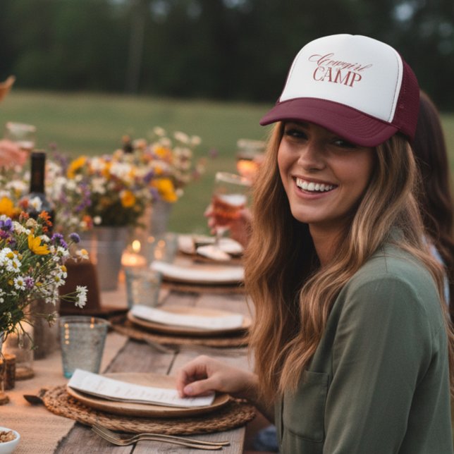Personalized Red Cowgirl Camp Bachelorette Trucker Hat (Pack your boots and cowboy hat for an epic bachelorette weekend! )
