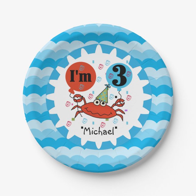 Personalized Red Crab 3rd Birthday Paper Plates (Front)