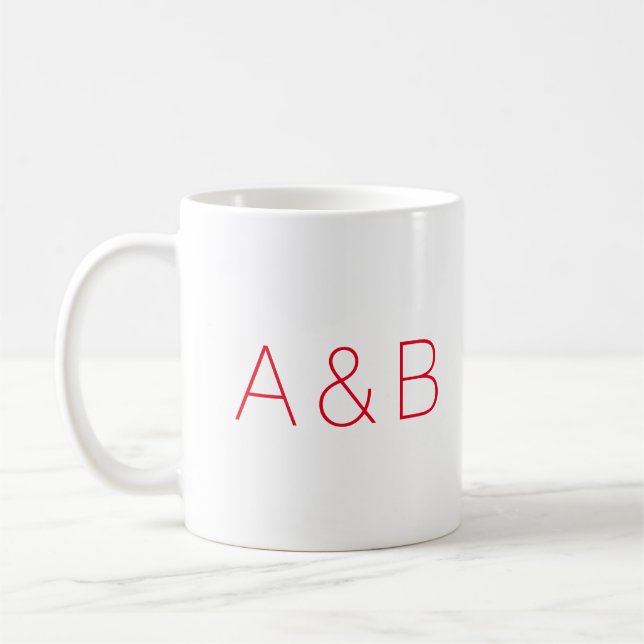 Personalized red custom couple initials monogram coffee mug (Left)
