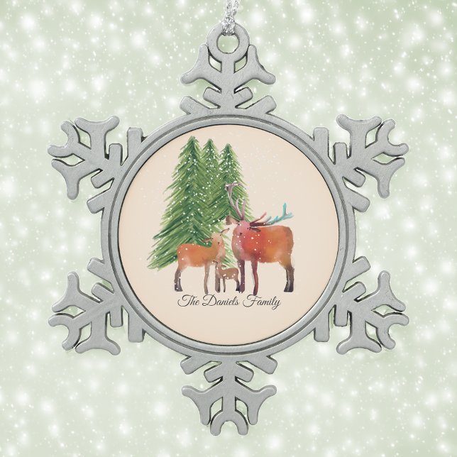 Personalized Red Deer Family Snowflake Pewter Christmas Ornament (Create Christmas keepsakes to cherish)