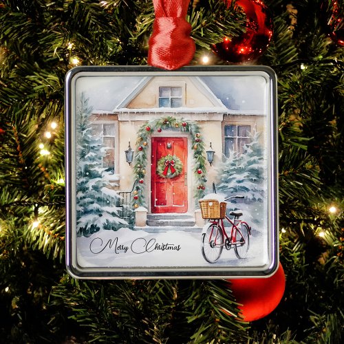 Personalized Red Door Christmas Cottage Metal Ornament