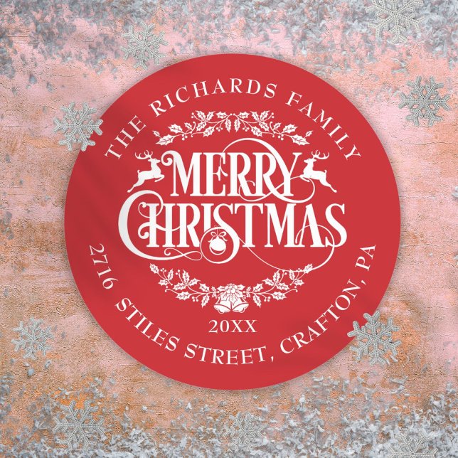 Personalized Red Elegant Classic Merry Christmas Round Sticker (Personalized Red Elegant Classic Merry Christmas Classic Round Sticker)