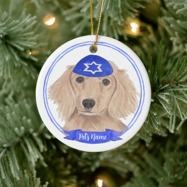 Personalized Red English Dachshund Dog Hanukkah Ceramic Ornament (Tree)