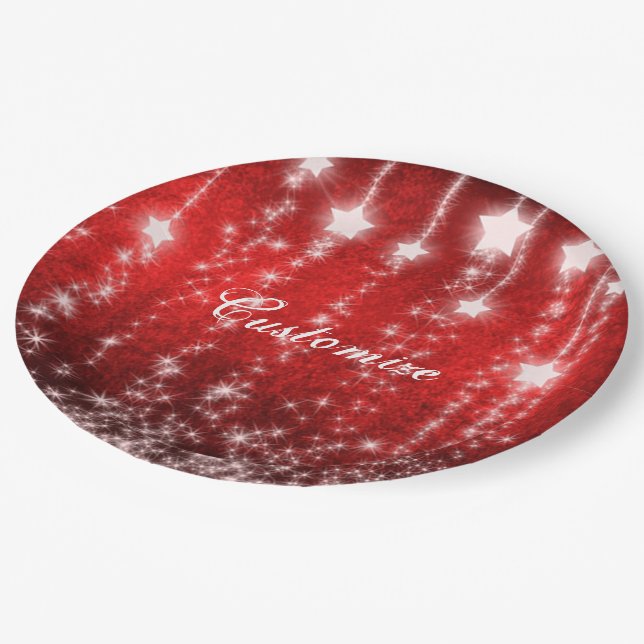 Personalized Red Falling Stars Holiday Plates (Angled)