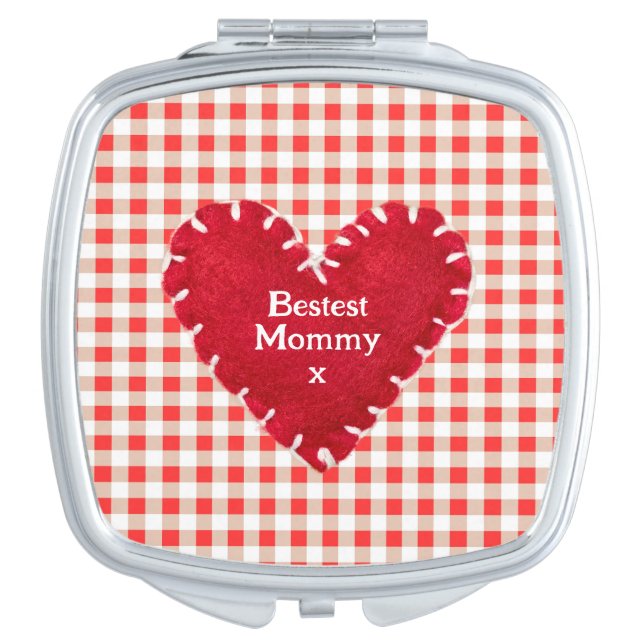 Personalized Red Felt Heart Gingham Mother's Day Compact Mirror (Front)