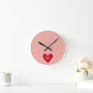 Personalized Red Felt Heart Gingham Mother's Day Round Clock