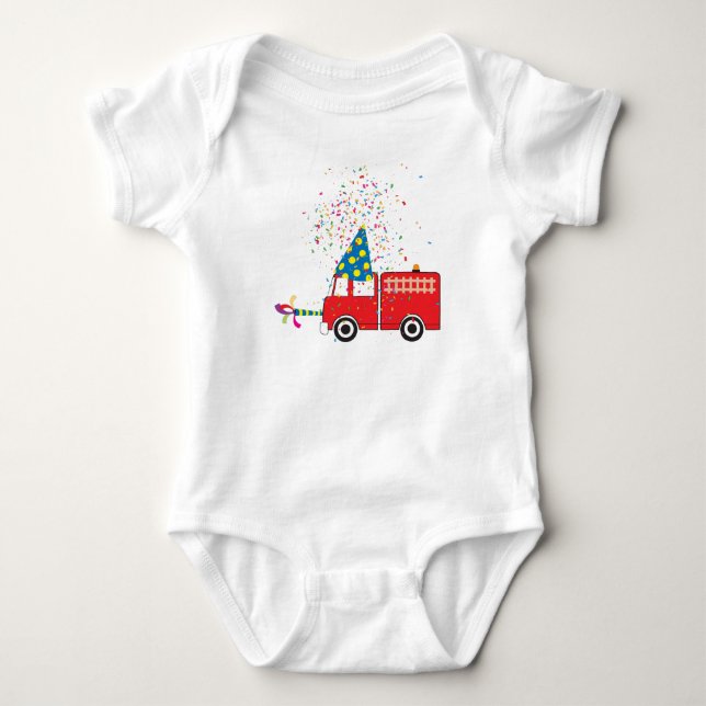 Personalized Red Fire Truck Birthday Party Baby Bodysuit (Front)