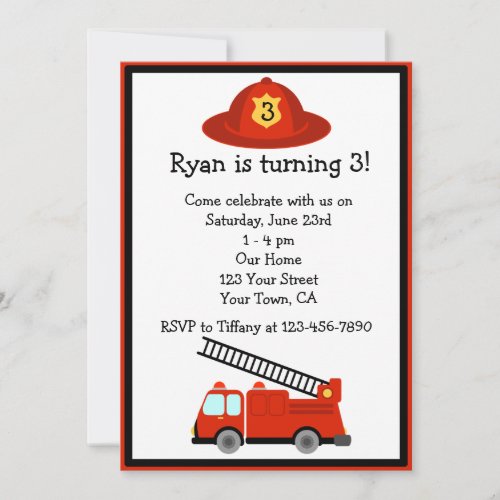 Personalized Red Fire Truck Birthday Party Invite