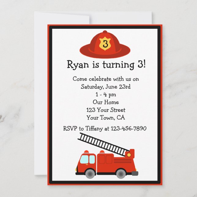 Personalized Red Fire Truck Birthday Party Invite (Front)