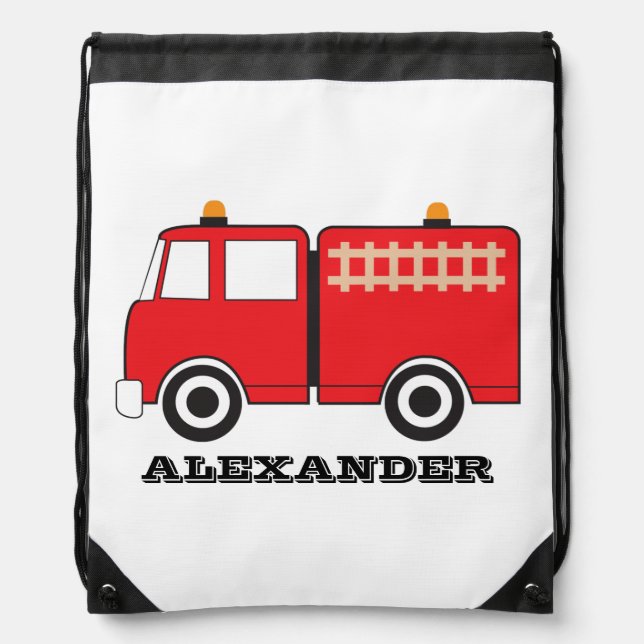Personalized Red Fire Truck Drawstring Bag (Front)