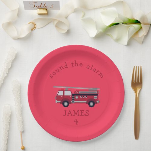 Personalized Red Fire truck Party Paper Plates