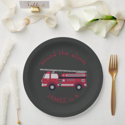 Personalized Red Fire truck Party Paper Plates