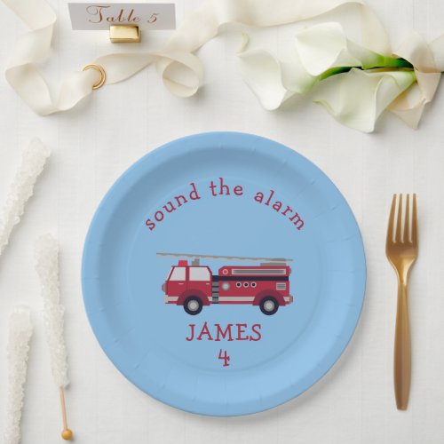 Personalized Red Fire truck Party Paper Plates