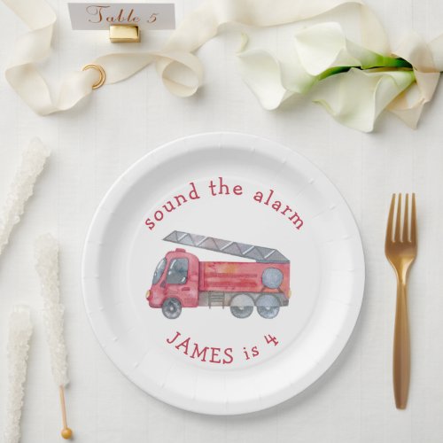 Personalized Red Fire truck Party Paper Plates