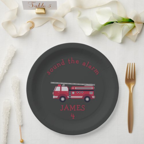 Personalized Red Fire truck Party Paper Plates