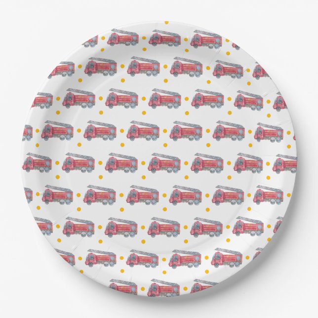 Personalized Red Fire truck Party Paper Plates (Front)