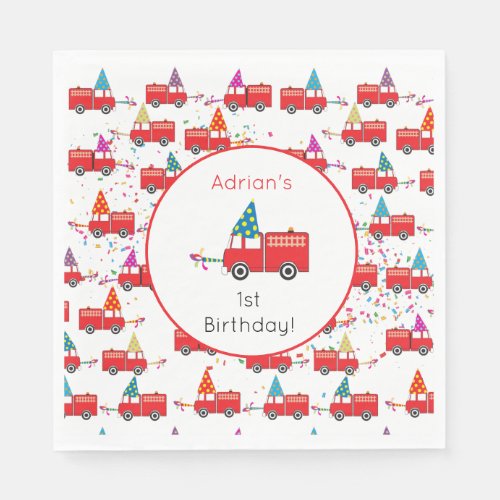 Personalized Red Fire Truck Party Pattern Birthday Napkins