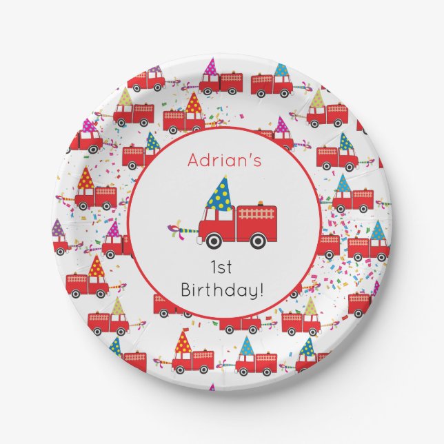 Personalized Red Fire Truck Party Pattern Birthday Paper Plates (Front)