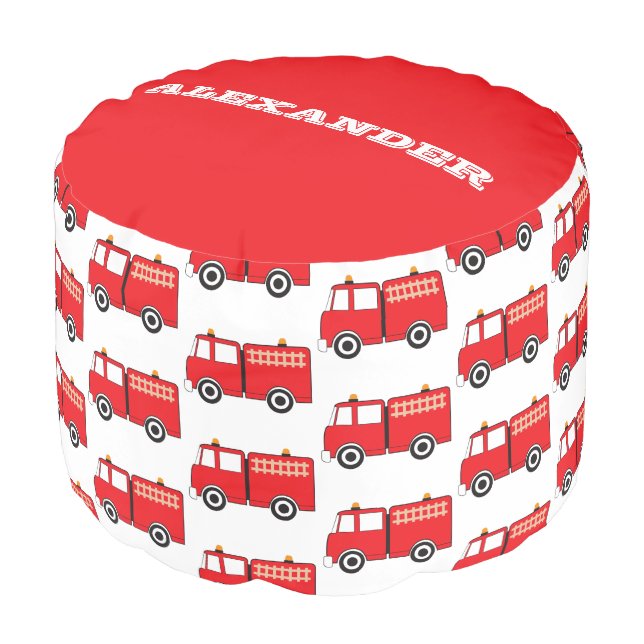 Personalized Red Fire Truck Pattern Red Color Pouf (Angled Front)