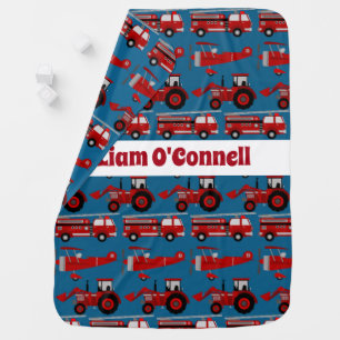 Personalized Red Fire Truck, Tractor & Plane Stroller Blanket