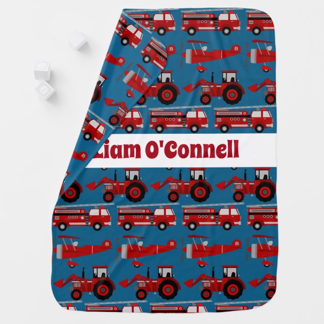 Personalized Red Fire Truck, Tractor & Plane Stroller Blanket (In Situ)