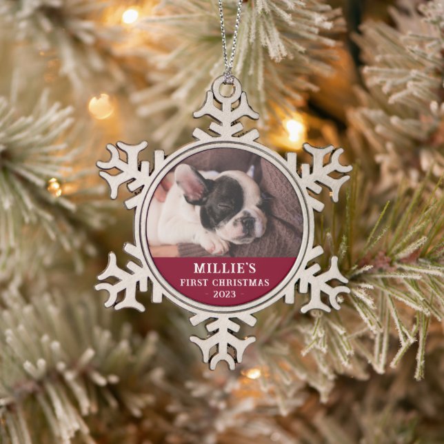 Personalized Red First Christmas Puppy Photo Snowflake Pewter Christmas Ornament (Tree)