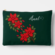 Personalized Red Floral Emerald Green Makeup Bag
