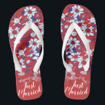 Personalized Red Floral Honeymoon Vibes Flip Flops<br><div class="desc">These flip flops aren't reserved for the shower or beach anymore. They are an update of the classic pair, and totally appropriate for hitting the streets in. Give your bride the gift of comfort, without sacrificing style. These stylish flip flops can be personalized to your liking. Add complementary text and...</div>