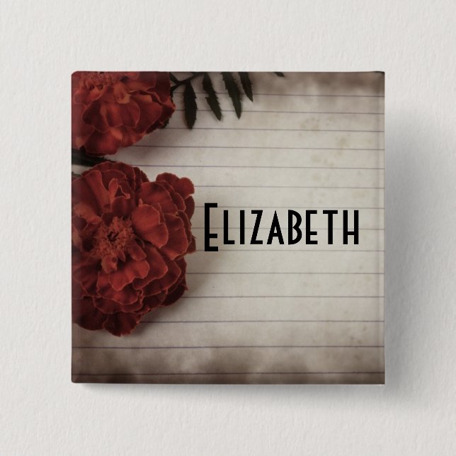 Personalized Red Floral on faded Lined Paper Pinback Button (Front)