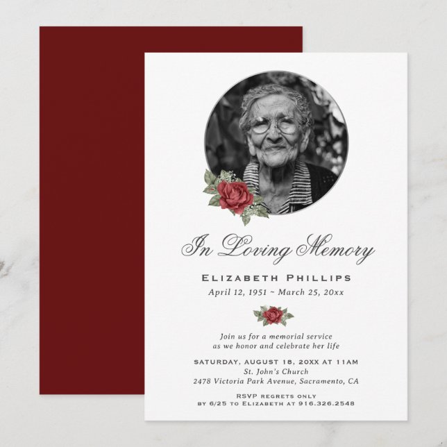 Personalized Red Floral Photo Memorial Service Invitation (Front/Back)