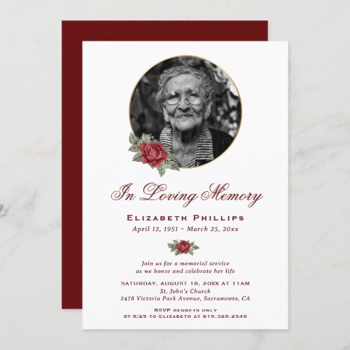 Personalized Red Floral Photo Memorial Service Invitation