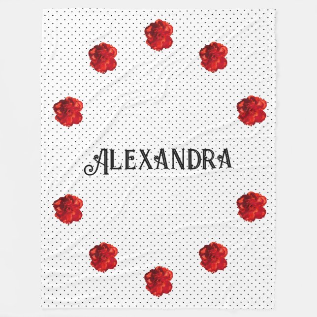 Personalized Red Floral Polka Dot Fleece Blanket (Front)