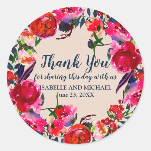 Personalized Red Floral Thank You Wedding Sticker