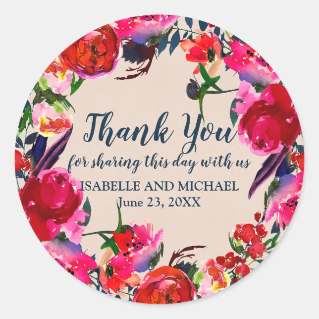 Personalized Red Floral Thank You Wedding Sticker (Front)