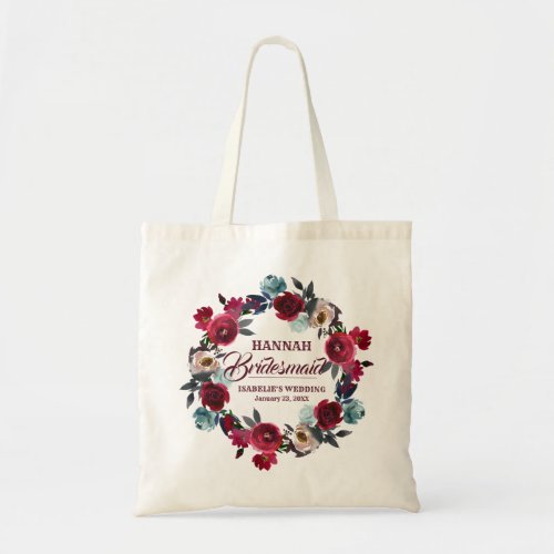 Personalized Red Floral Watercolor Bridesmaid Tote Bag