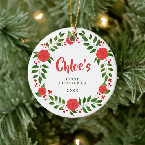 Personalized Red Flower Greenery Babys First Xmas Ceramic Ornament
