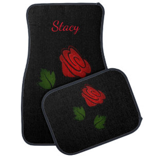 Personalized Red Flower on Black Car Mats
