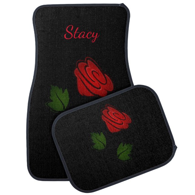 Personalized Red Flower on Black Car Mats (Set)