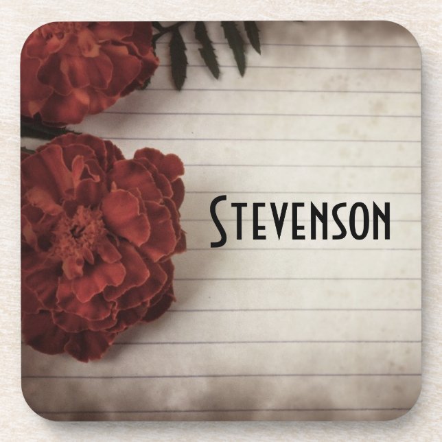 Personalized Red Flower on Lined Paper Autumn Beverage Coaster (Front)
