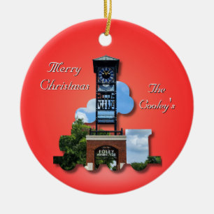 Personalized (Red) Foley Clock Tower & Train Ceramic Ornament