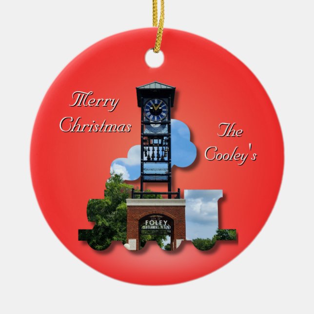 Personalized (Red) Foley Clock Tower & Train  Ceramic Ornament (Front)