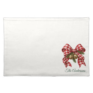 Personalized Red Gingham Bow Gold Bells Christmas Cloth Placemat