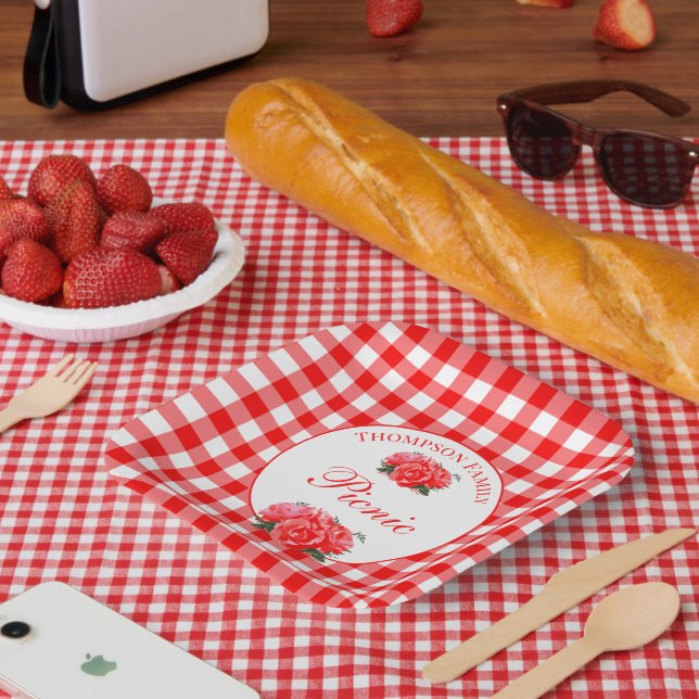 Personalized Red Gingham Buffalo Picnic Square Paper Plates (Picnic)