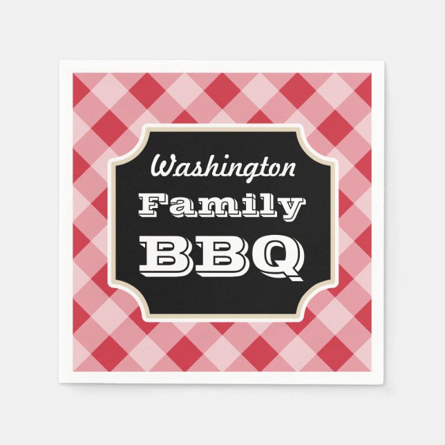 Personalized Red Gingham Family BBQ Party Napkins (Front)