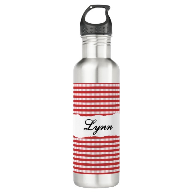 Personalized Red Gingham Pattern & Custom Name Stainless Steel Water Bottle (Front)