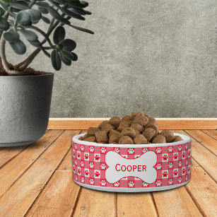 Personalized Red Gingham with Paw Prints and Bone Bowl