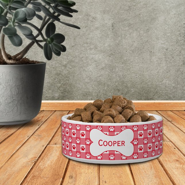Personalized Red Gingham with Paw Prints and Bone Bowl (Creator Uploaded)