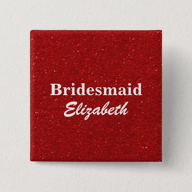 Personalized Red Glitter Bridesmaids Wedding Button (Front)