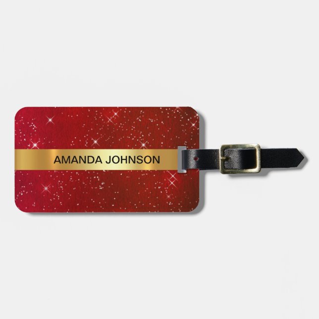 Personalized Red Glitter Golden Luggage Luggage Tag (Front Horizontal)