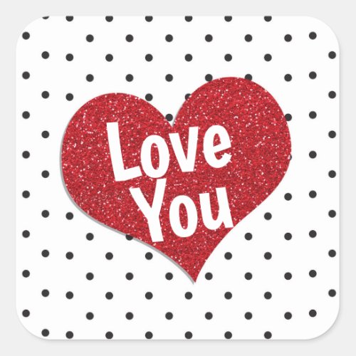 Personalized Red Glitter Heart with Polka Dots Square Sticker
